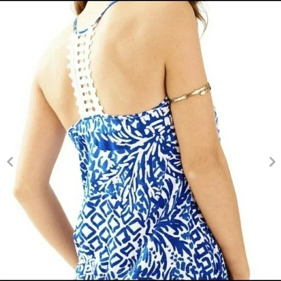 Lilly Pulitzer Nya Tank Blue White Racerback Crochet Lace Stretch Pom Trim XXS - Picture 4 of 13